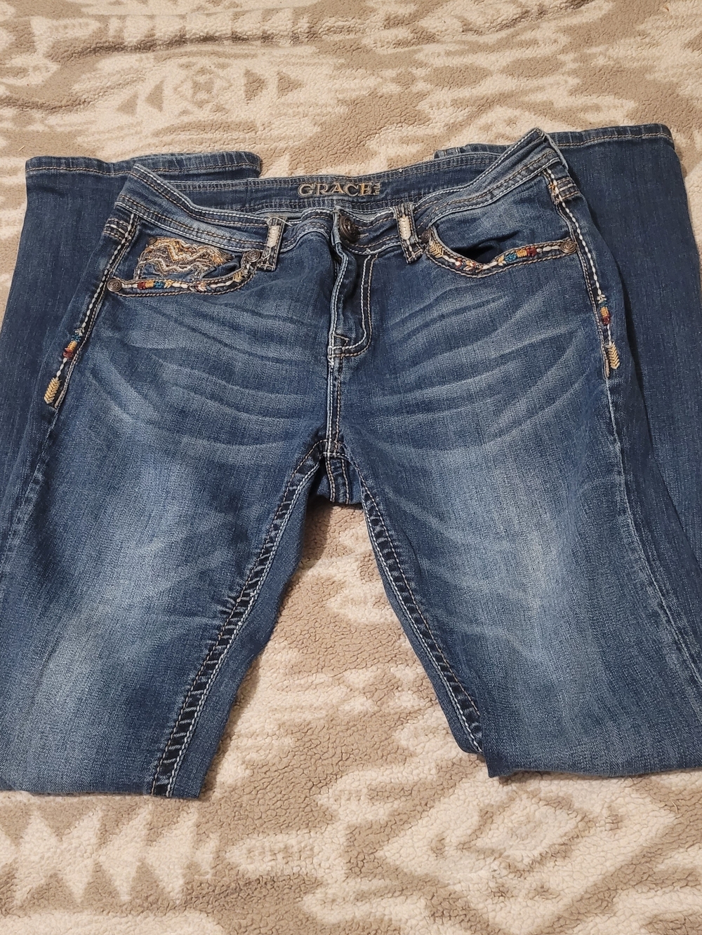 Grace Blue Women's Boot Cut Jeans with Embroidered Pocket Trim